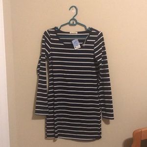 Navy and white long-sleeve striped dress